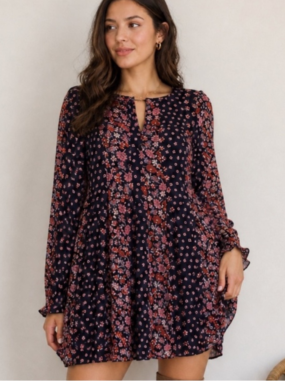 Hinge Floral Long Sleeve Mini Dress Boho Navy Pink Size S